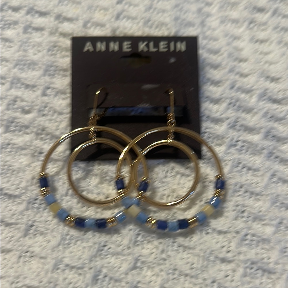 Anne Klein Gold and Blue Beaded Hoop Earrings